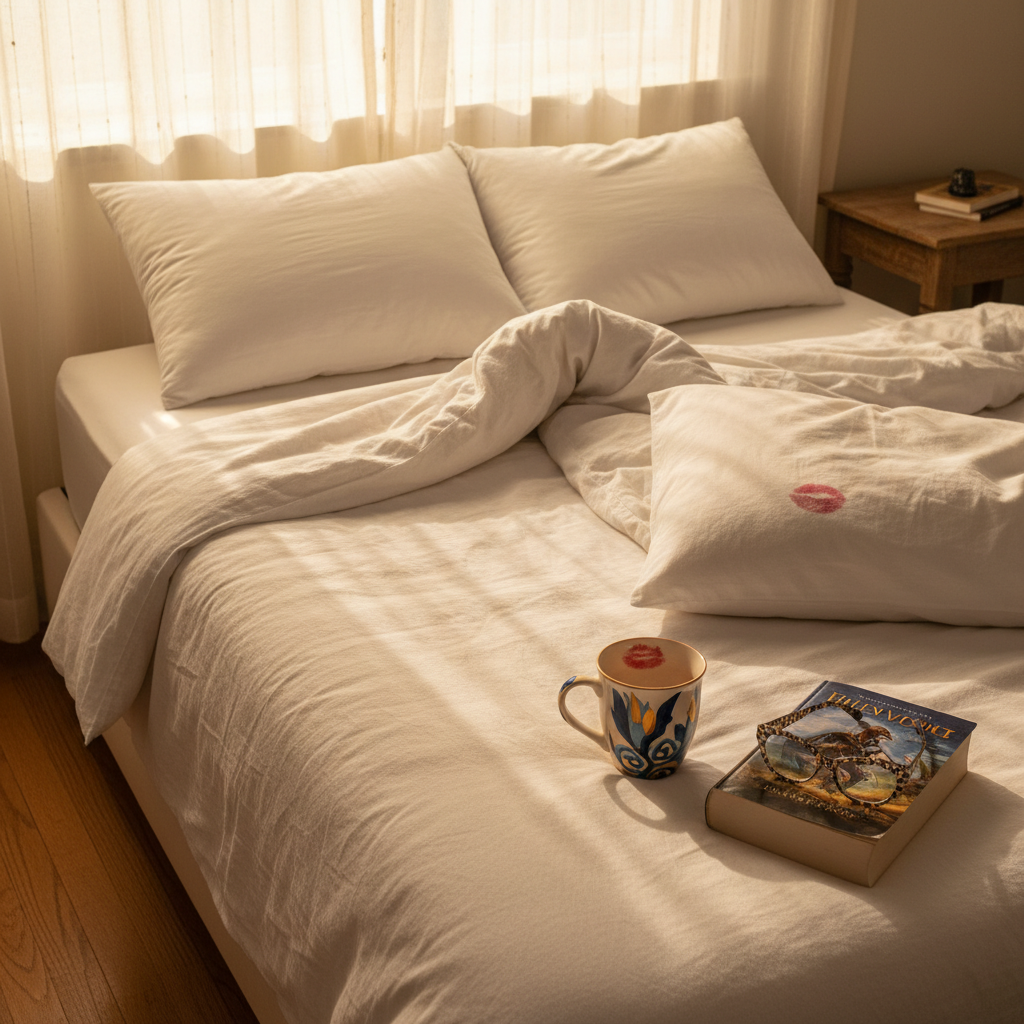 An inviting bedroom scene featuring one side of a neatly made queen bed turned down, with a single plush pillow indented as if someone just sat up laughing. On the nightstand rests a distinctive ceramic mug with lipstick smudges on the rim, a fantasy novel face-down, and a pair of quirky reading glasses. The far side of the bed is crisply untouched. Warm golden hour light filters through gauzy curtains, casting delicate patterns across a soft duvet. Photographic realism, shot from a slightly elevated angle, emphasizes the contrast between the lived-in, joyful side and the pristine side, conveying the playful independence of single life in your 40s without any visible people.
